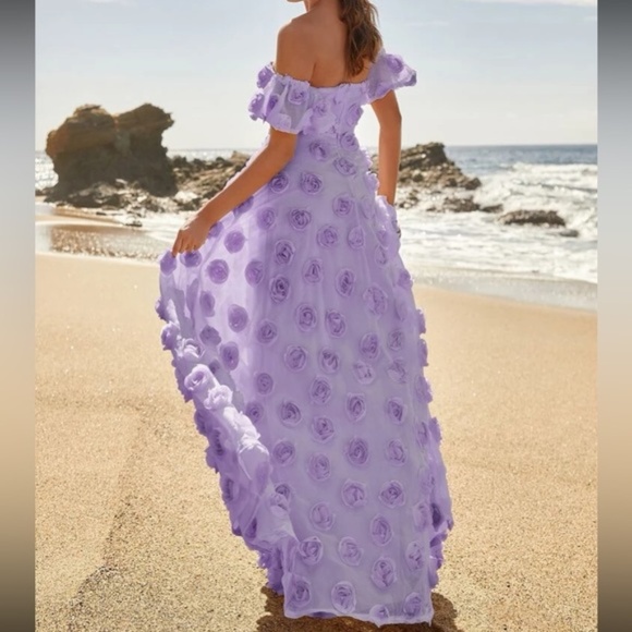 Luxe Lilac purple off shoulder Applique party formal evening wedding dress - Picture 2 of 7